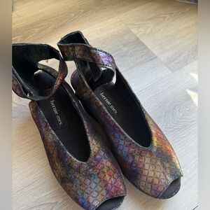 bernie mev. Iridescent Multicolor Peep-Toe Wedge Sandals